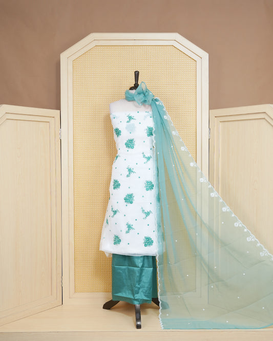 White Colour Organza Salwar Material Featuring Green Thread Work with sequins on body, Paired With Matching Bottom & Elegant Dupatta