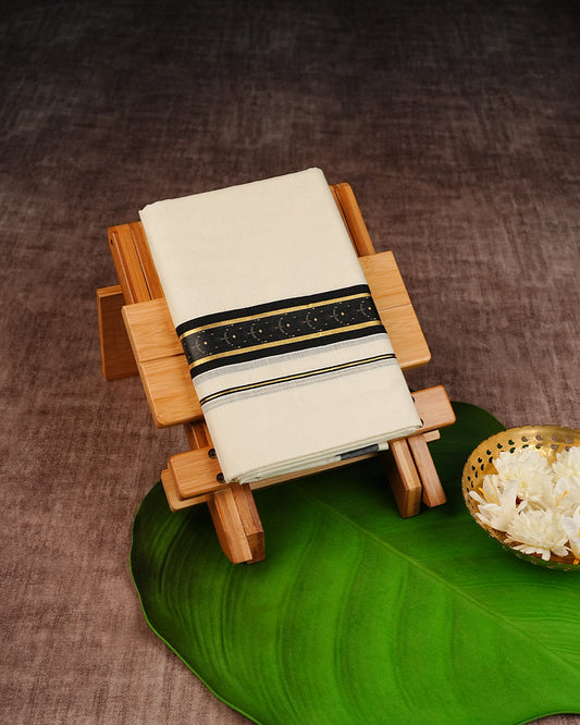 Cream Coloured Cotton Double Dhoti Finished with Black & Gold Kara