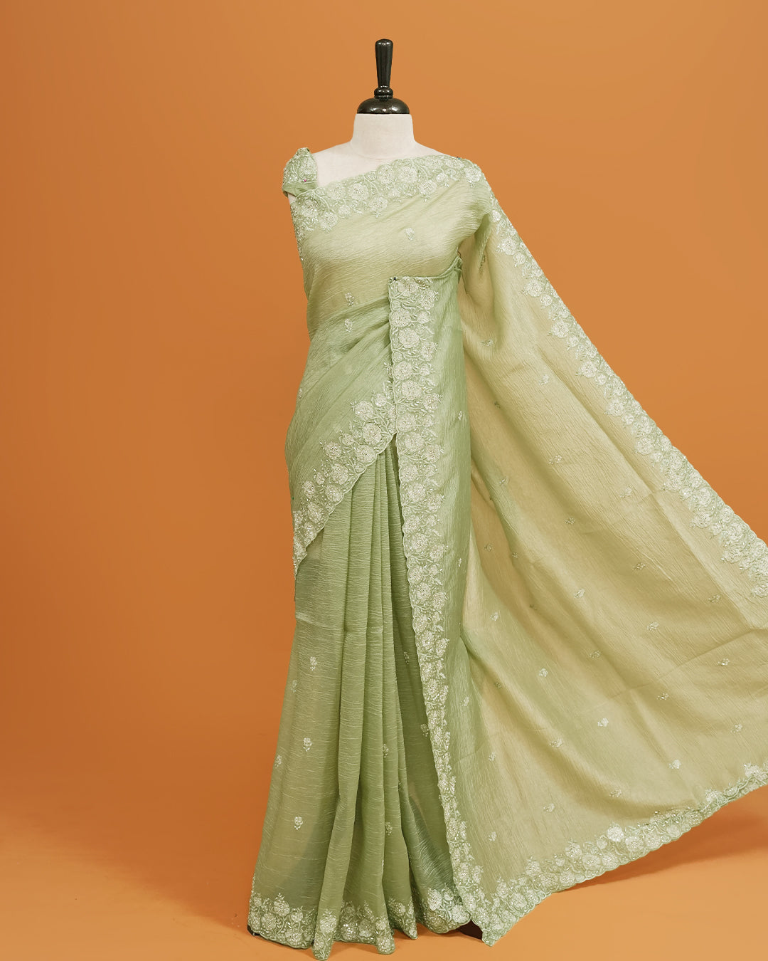 Sage colour Crush organza saree with Cut Beats & Sequins.