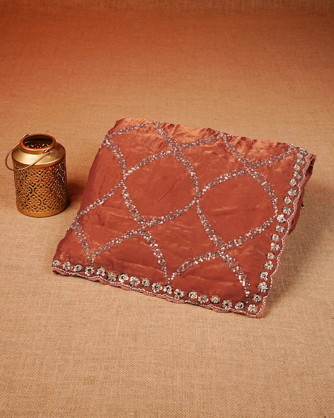 Rust Orange colour Designer saree featuring Beats & Sequins geometeric Pattern on body & worked border, comes with matching blouse piece.