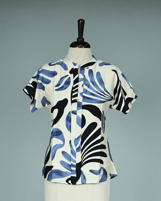 Off White colour Black & Blue Print work on body, Round Collar neck design, With sleeve.