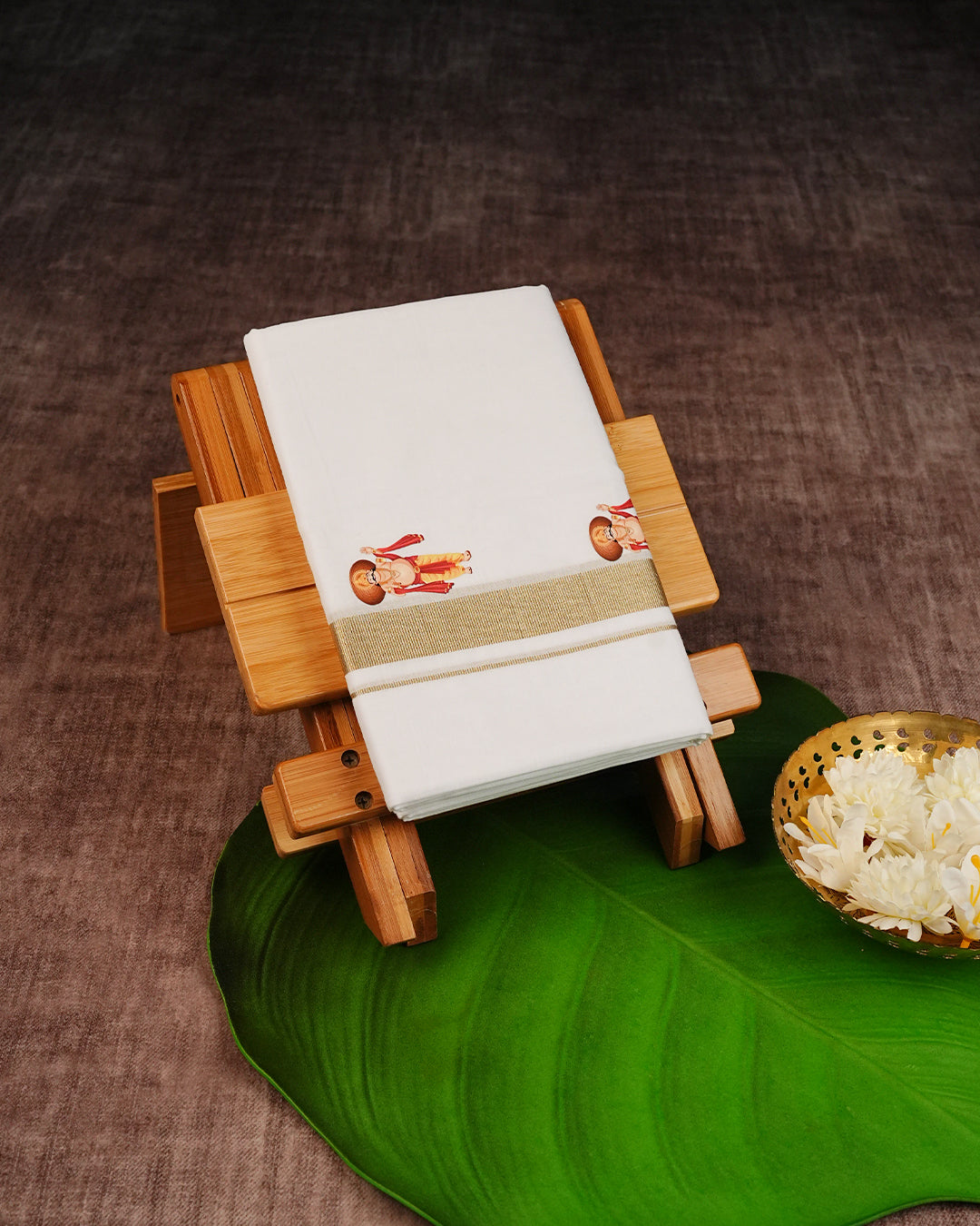 Off White Cotton Double Dhoti Finished with Onam Themed Prints & Classic Light Gold Kara