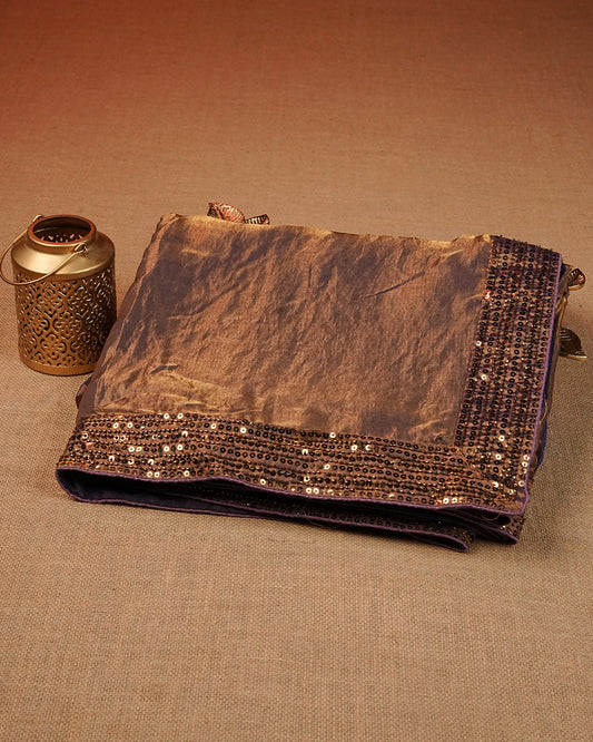 Purple & gold double shade Designer saree featuring Beats & Sequins work on border, comes with matching stitched blouse.