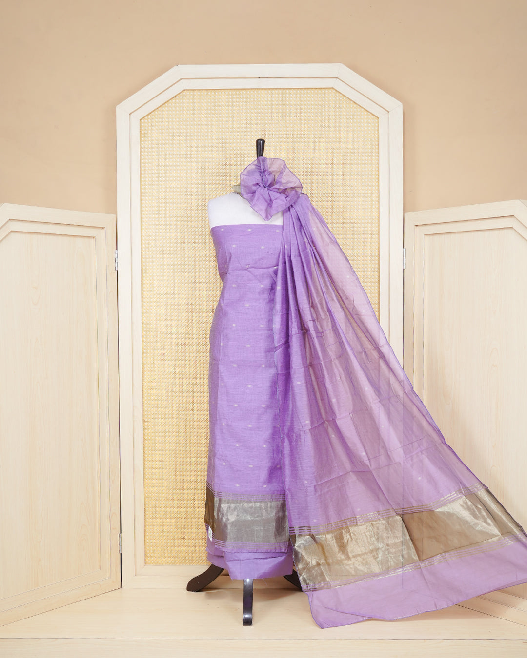 Dusty Lavender Colour Mul Chanderi Salwar Material Featuring Gold Zari Buttas on body, Paired With Matching Bottom & Elegant Dupatta