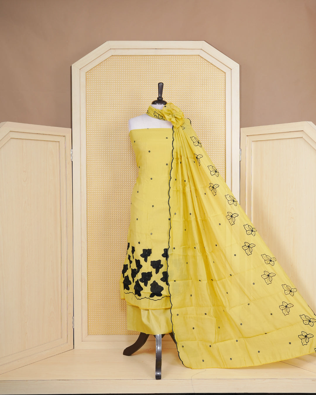 Yellow colour Salwar Material Featuring Thread Work on body, paired with matching Bottom & Elegant Dupatta.