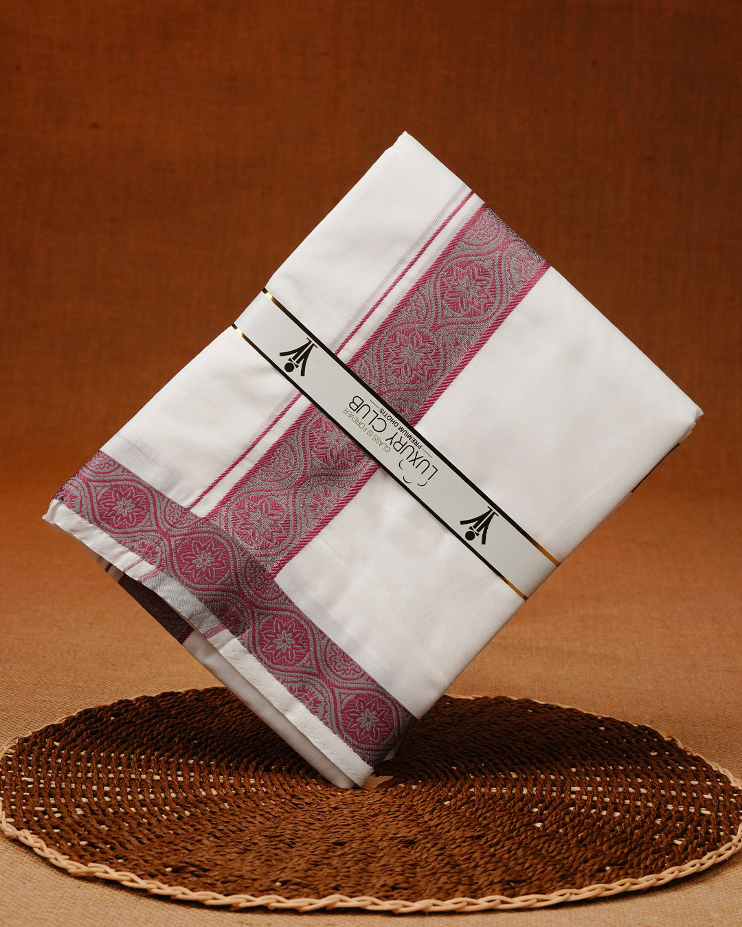 White colour Pure Cotton Double dhoti featuring Grey with red colour border.
