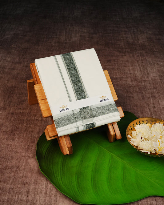 Off White Colour Cotton Double Dhoti Finished With A Green Designed Pattern On Silver kara.