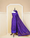 Deep purple colour Georgette Salwar material Featuring Gold & silvar zari floral motifs on body, paired with matching bottom & Elegant Dupatta