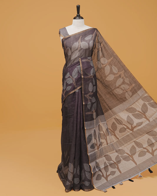 Dark coffee colour semi linen saree