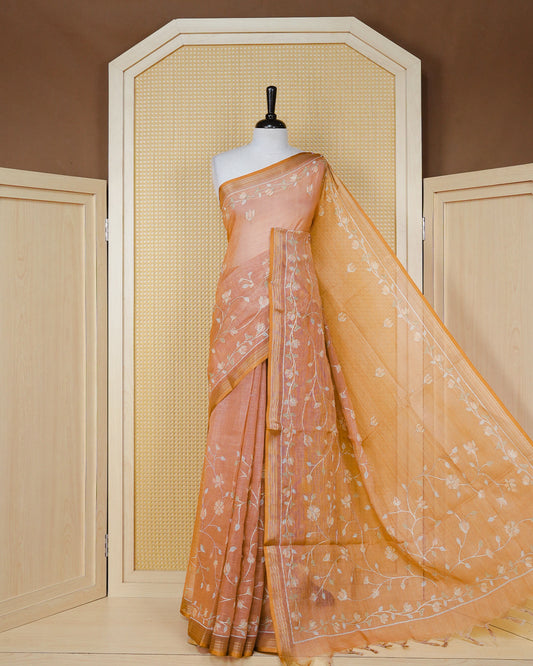 Peach colour linen tissue BKU inspired saree.
