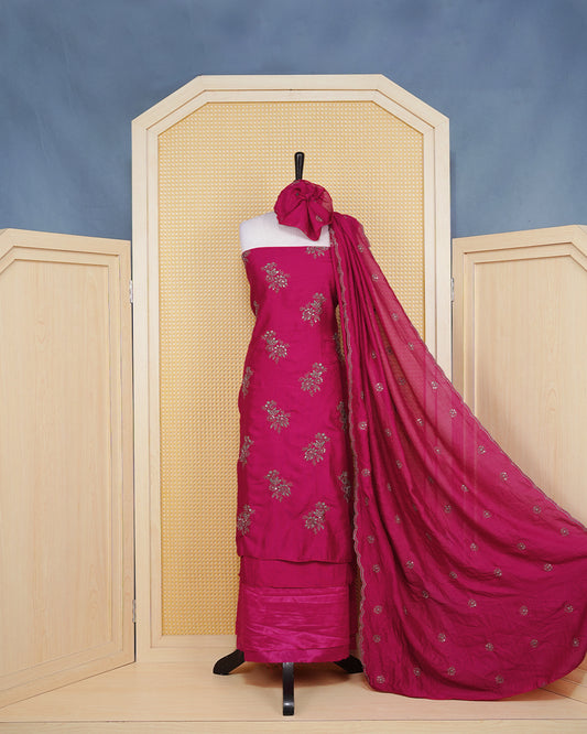 Maroon Georgette Salwar Material Features an Elagent Floral Emproidary Pattern Aborned With Shimmering Metallic Gold Thread and Beadwork, paired with matching bottom & elegant Duptta
