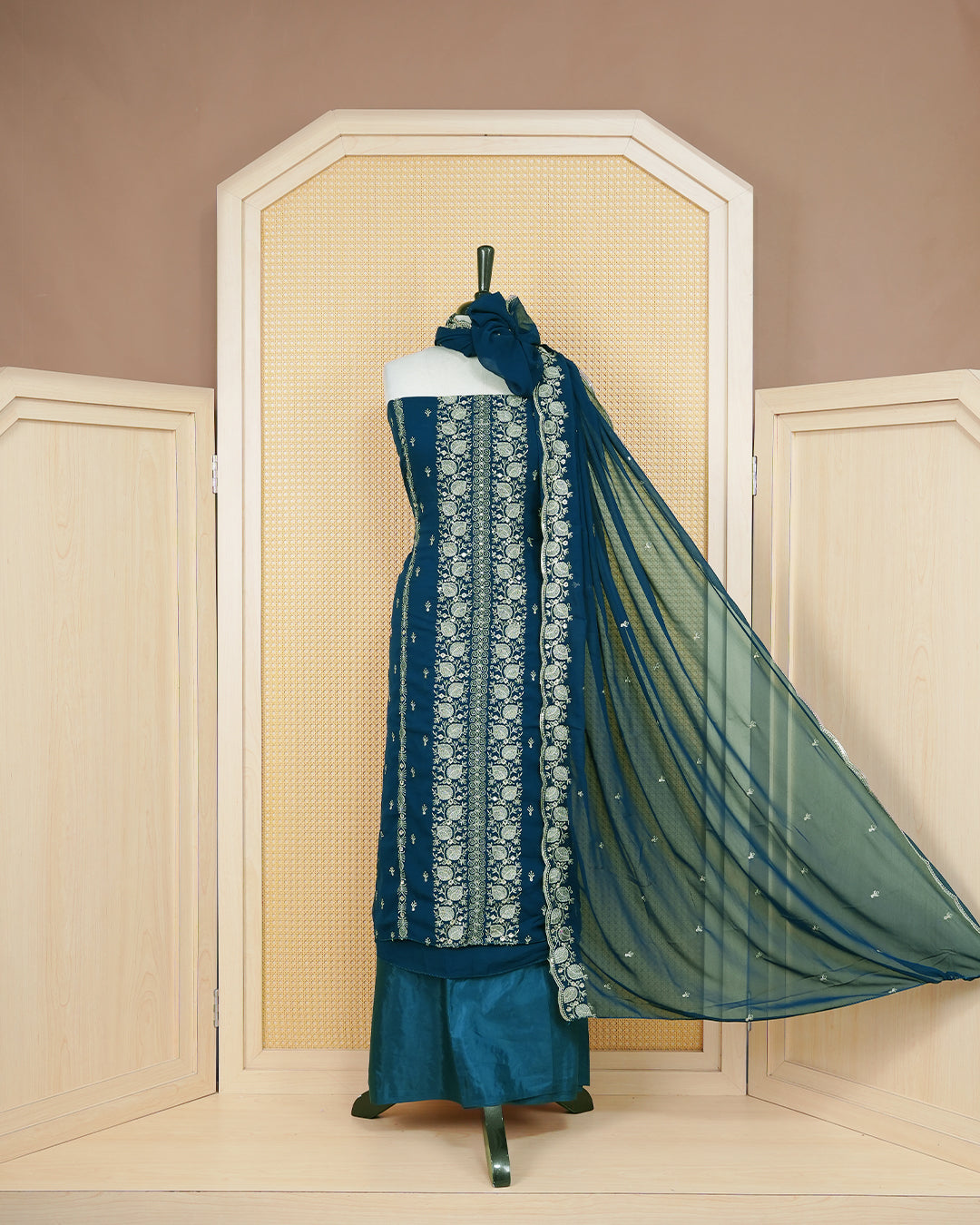 Teal Blue colour Georgette Salwar Material Featuring Gold Thread Work on body, paired with matching Bottom & Elegant Dupatta.