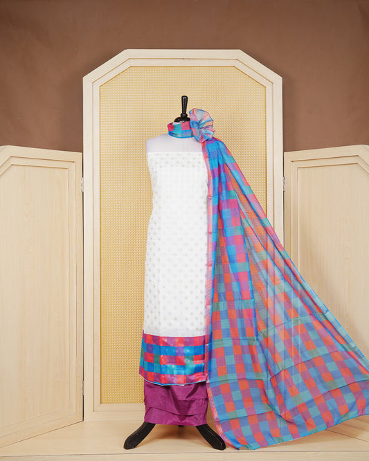 White & Brugundy Chanderi salwar material featuring Gold zari Small motifs on body and Check pattern body, paired with matching colour santoon bottom, elegant dupatta.