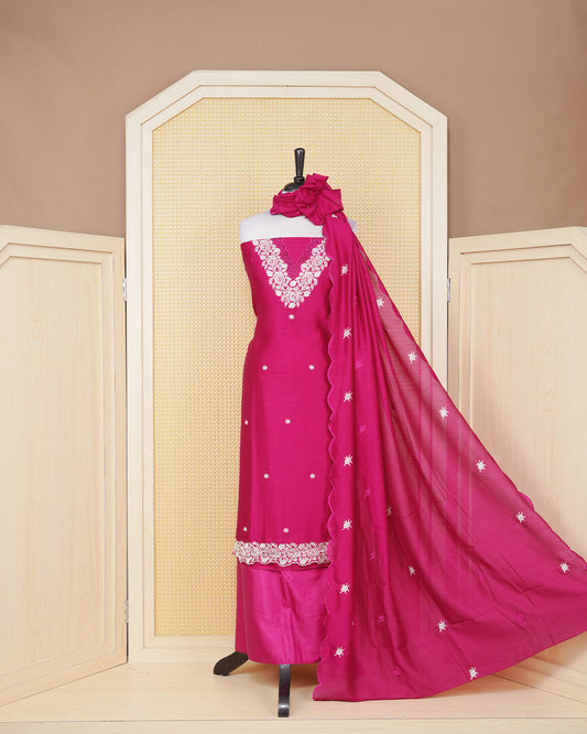 Rani pink colour Georgette Salwar Material Featuring an Floral Threadwork on The Body, Paired With a Matching Bottom and an Elegant Dupatta.
