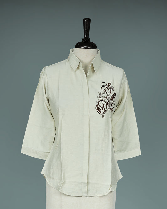 Cream colour Top with Thread work on body, collar design, With sleeve.