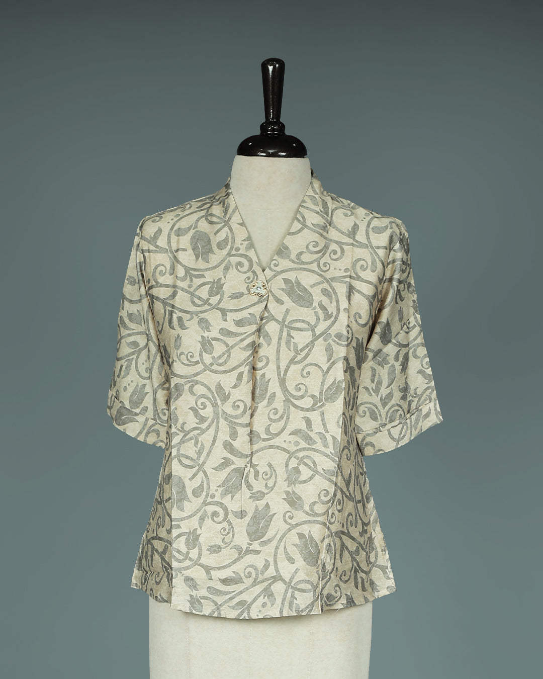 Light Olive colour Top with Kodi Print work on body, collar design, With sleeve.