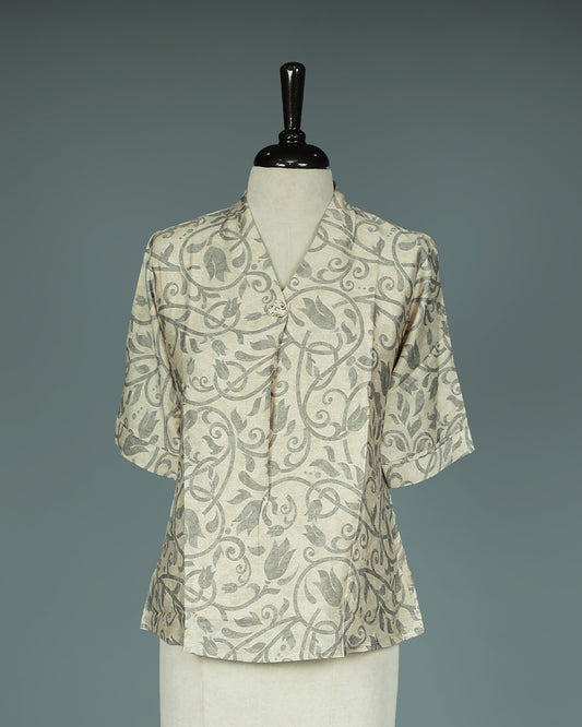 Light Olive colour Top with Kodi Print work on body, collar design, With sleeve.