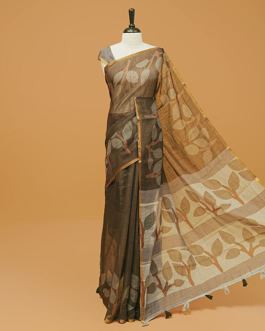 Brown colour semi linen saree