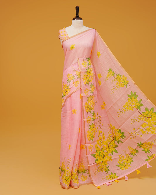 Pink Colour Semi Linen Saree