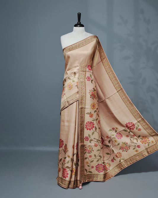 Baby Pink Colour Pashmina Saree featuring a Patterned body, complemented by Self colour with Floral pattern & gold zari on border and Pallu, comes with matching blouse piece.
