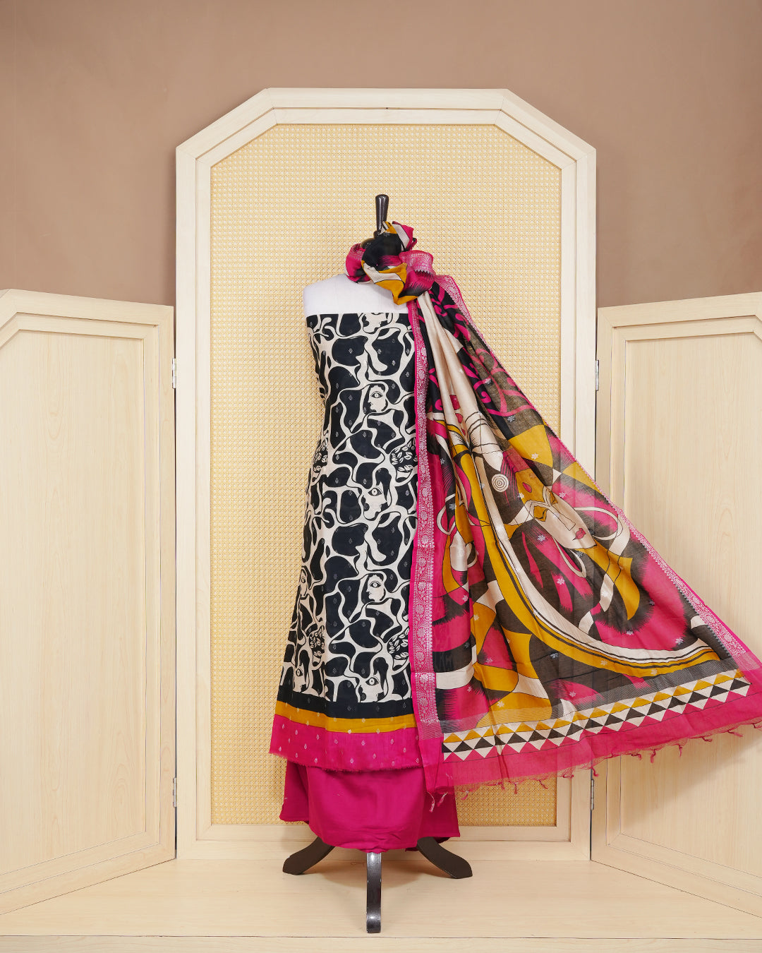 Black Colour Salwar material featuring Black Print With Multy color Border Gold Motifs,pired with matching bottom & elegant Duptta