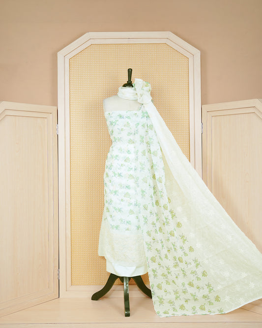Off white Colour Net Kota Material Featuring Floral print & thread Pattern on Body, Paired with Matching Bottom & Elegant Dupatta