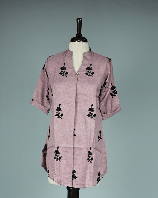 Dusty Lavender colour Black Thread work on body, V with Collar Neck design, With sleeve.