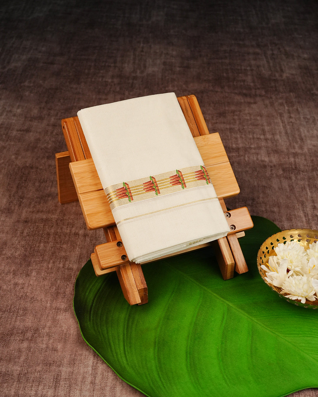 Cream Coloured Cotton Double Dhoti Finished with Onam Themed Printed Gold Kara