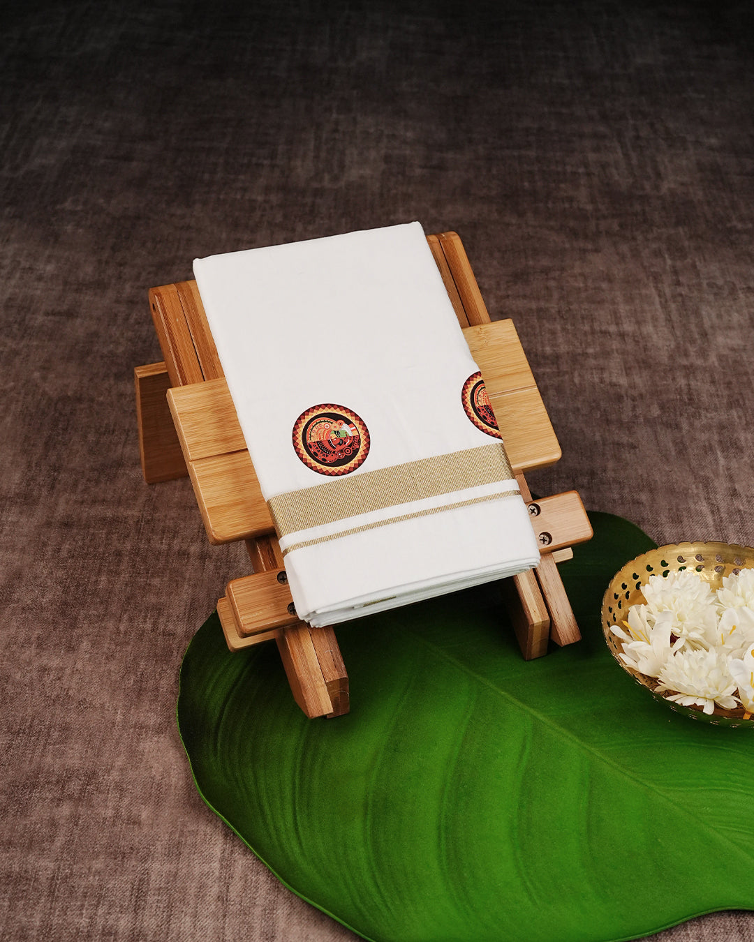 Cream-Coloured Cotton Double Dhoti Finished with Theyyam, Kathakali Prints & Gold Kara