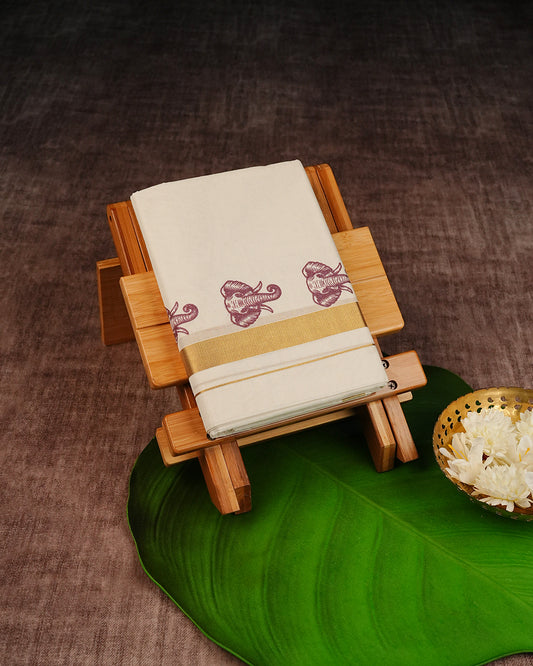 Cream Coloured Cotton Double Dhoti Finished with Magenta Elephant Prints & Gold Kara