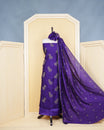Royal Violet Georgette Salwar Matierial Features an Elegant Floral Embroidery Pattern Aborned With Shimmering Metalic Gold Thread and Sequin Accents, pired with matching bottom & elegant Duptta