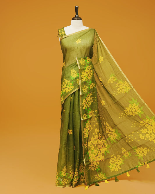 Green Colour Semi Linen Saree