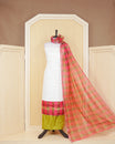 White & Olive Chanderi salwar material featuring Gold zari Small motifs on body and Check pattern body, paired with matching colour santoon bottom, elegant dupatta.