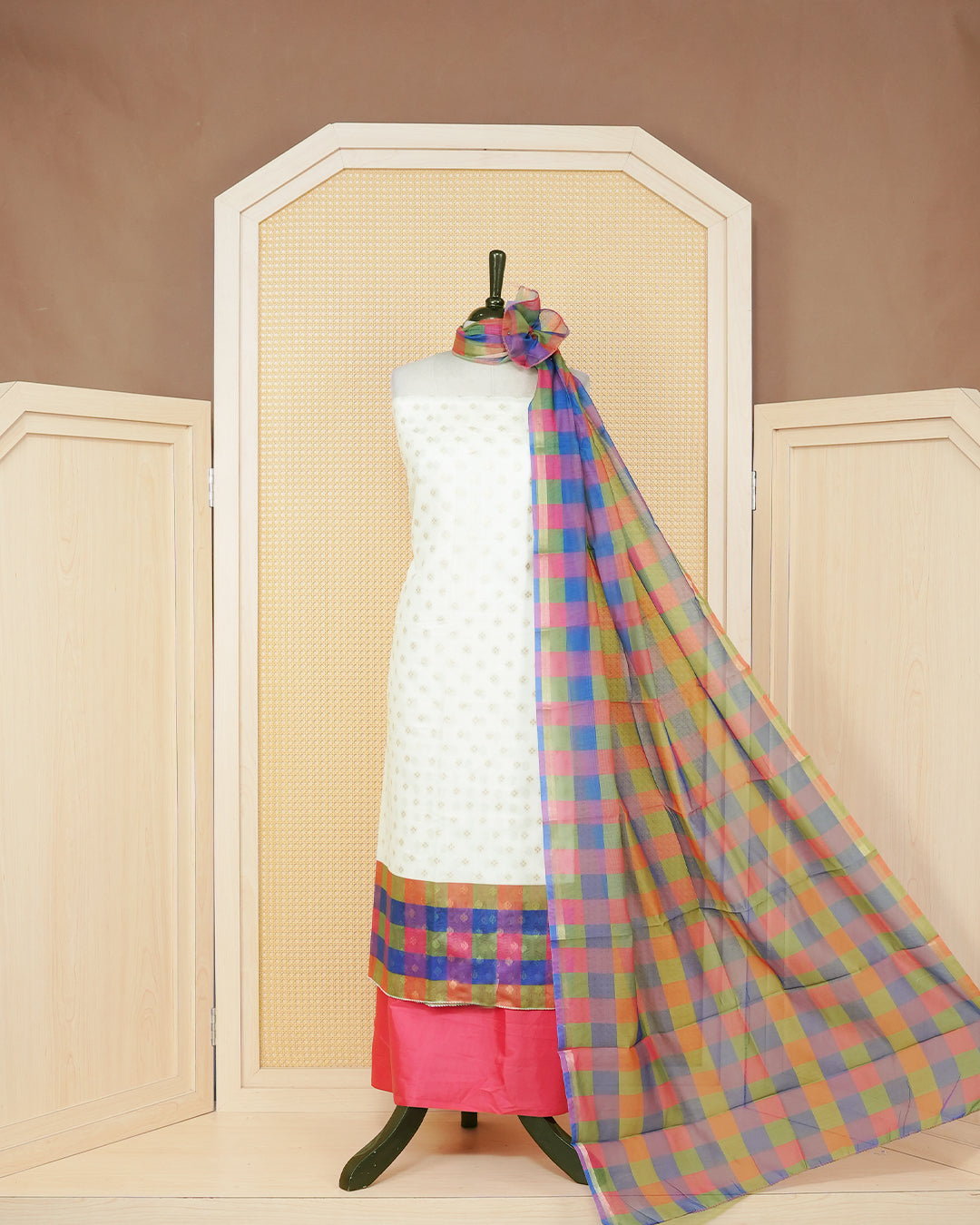 White & Pink Chanderi salwar material featuring Gold zari Small motifs on body and Check pattern body, paired with matching colour santoon bottom, elegant dupatta.
