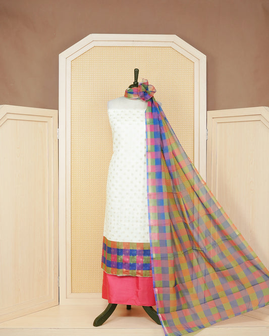 White & Pink Chanderi salwar material featuring Gold zari Small motifs on body and Check pattern body, paired with matching colour santoon bottom, elegant dupatta.