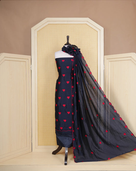 Dark Blue Colour Georgette Salwar Material Featuring Red Heart Shape Thread Work on body, Paired With Matching Bottom & Elegant Dupatta