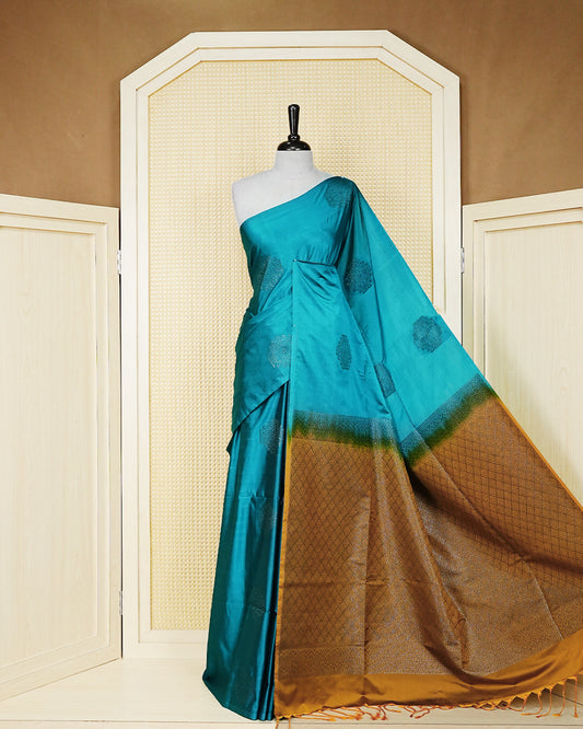 Dark cyan blue colour soft silk saree