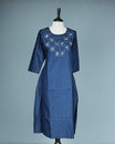 Blue Denim Design Colour Kurti featuring Thread Box with Floral motifs Work On body , a U neckline, With sleeve.