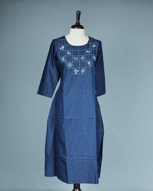 Blue Denim Design Colour Kurti featuring Thread Box with Floral motifs Work On body , a U neckline, With sleeve.