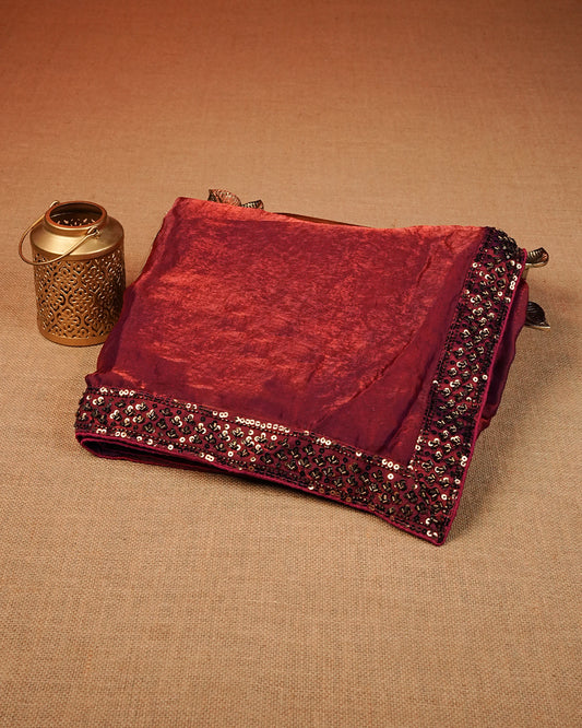 Maroon double shade Designer saree featuring Beats & Sequins work on border, comes with matching stitched blouse.