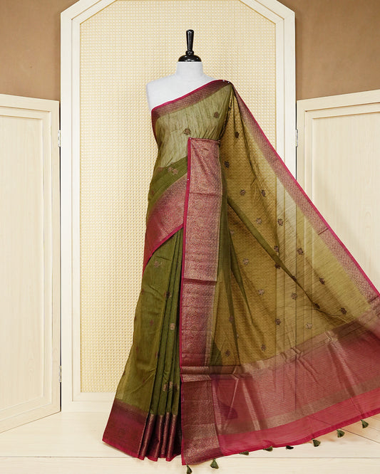 Olive green colour semi linen saree thread motifs on body, contrast pink colour gold zari border, rich pallu comes with matching blouse piece