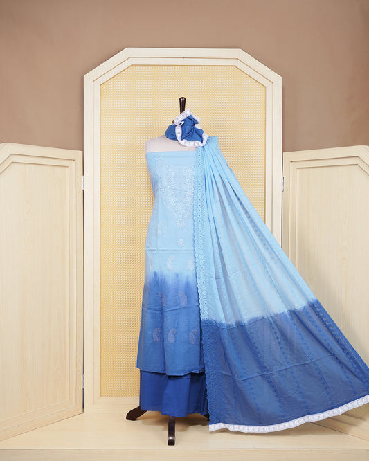 Sky Blue & Dark Blue colour half & half Cotton Salwar material featuring an elegant Floral Chikankari Work on the body, paired with a matching bottom and an elegant dupatta.