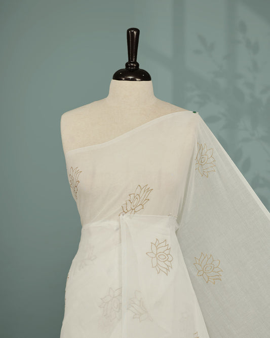 White colour pure mul cotton saree featuring Minimal Lotus Print on body, Clean Borderless design, elegant tassels.