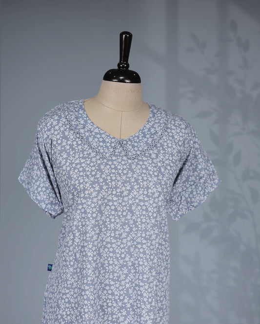 Light Grey floral printed nighty with a classic U-neckline, short sleeves, a delicate scalloped Peter Pan collar, and a relaxed midi-length for everyday comfort and charming style.