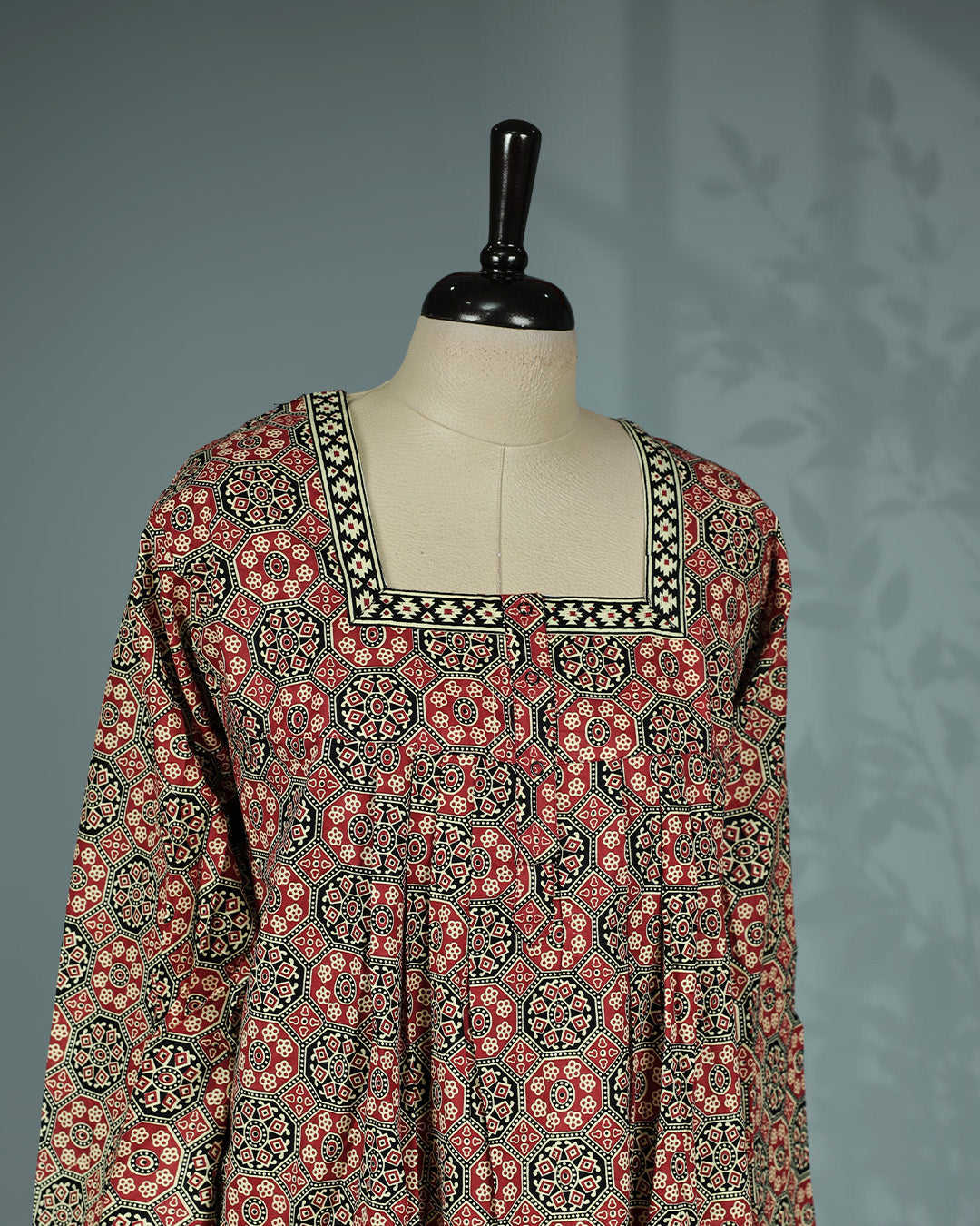 Brick Red geometric printed nighty featuring a stylish square neckline with contrast printed border, three-quarter sleeves and a relaxed full-length fit