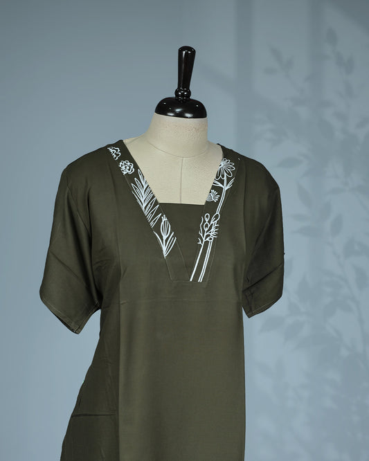 Dark Olive Green colour nighty featuring white floral prints on the V-neckline and hem, short sleeves and a Mid-length fit.