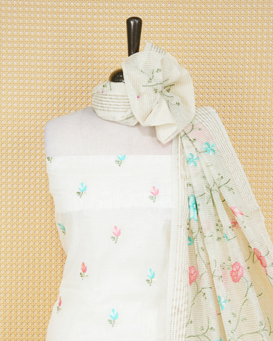 Cream Colour Tissue Salwar Material Featuring Beautiful Floral Embroidery Design with Elegant Border, Paired with Matching Bottom and Beautiful Dupatta.