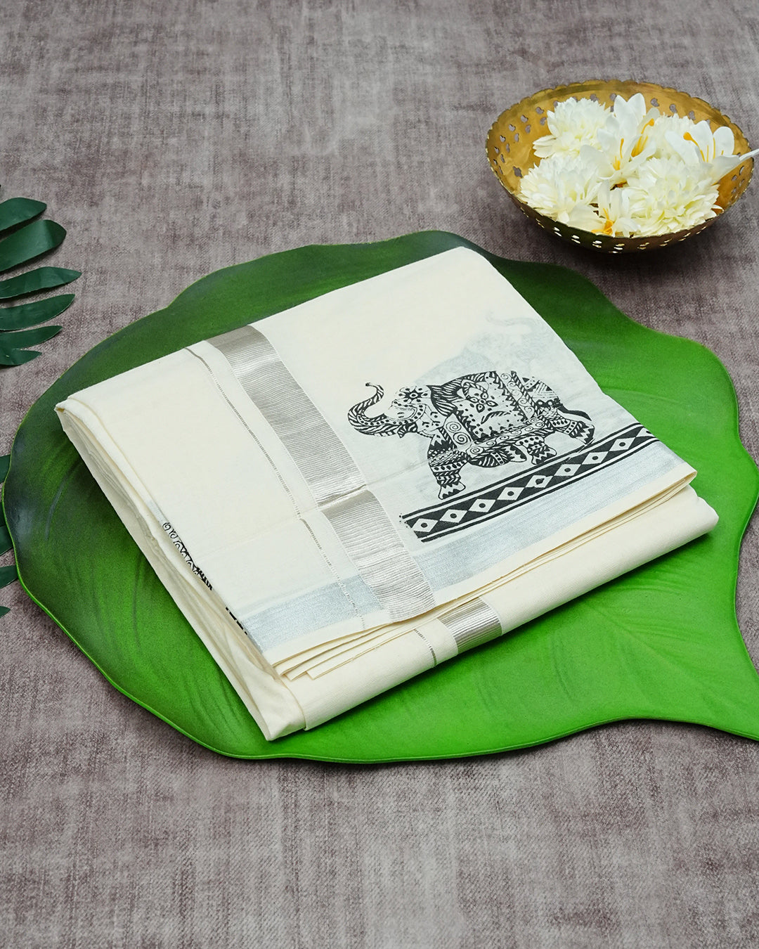 Cream Coloured Cotton Double Dhoti Finished with Elephant Prints & Silver  Kara