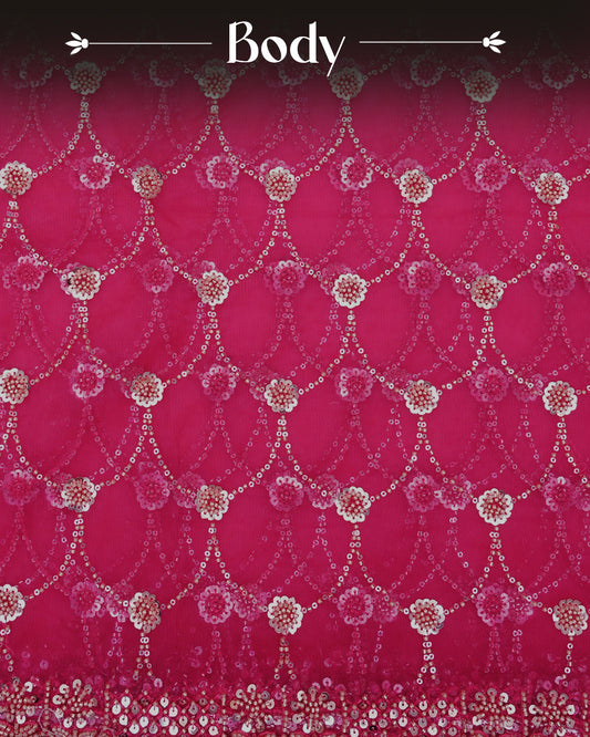 Rani pink colour Net Designer saree featuring Beats & Sequins geometric Pattern on body & worked border, comes with matching blouse piece.