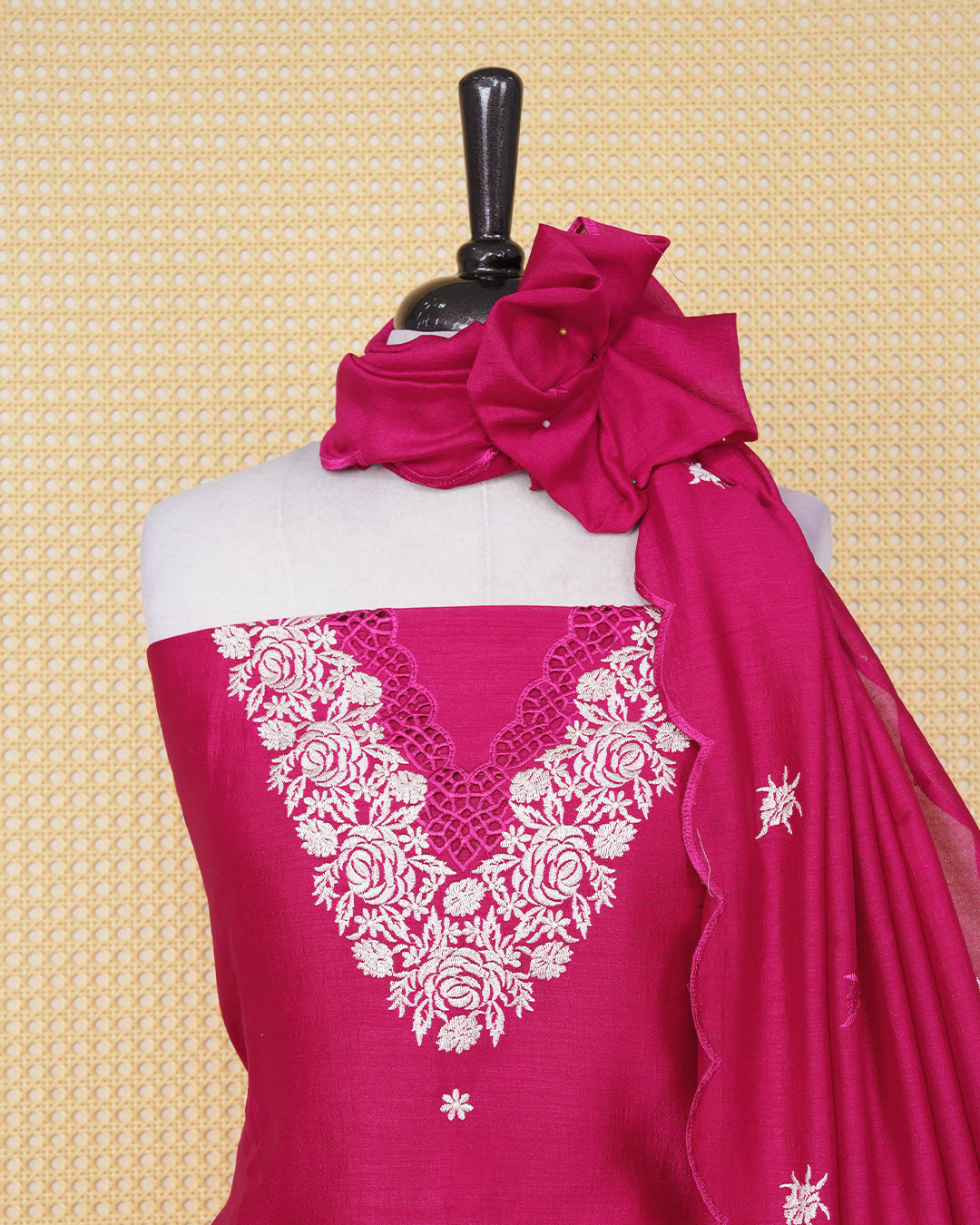 Rani pink colour Georgette Salwar Material Featuring an Floral Threadwork on The Body, Paired With a Matching Bottom and an Elegant Dupatta.